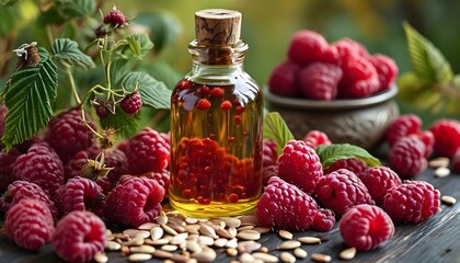 Raspberry seed oil elegantly displayed with fresh raspberries and scattered seeds for a vibrant...