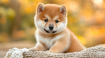A playful Shiba Inu puppy sitting on a , showcasing its fluffy coat and bright eyes