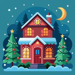 Obraz premium A festive Christmas house adorned with a beautifully decorated tree and vibrant holiday decorations in a vector illustration