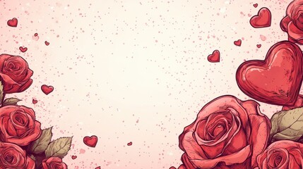 Romantic Valentine's Day background with comic book-style red roses and hearts in pink tones