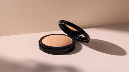 A chic powder puff next to a modern compact powder case on a minimalist background, demonstrating its crucial role in achieving a flawless and polished makeup appearance.
