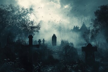 A Silhouetted Figure Walks Through a Foggy Graveyard
