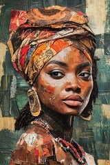African Tribal Woman Portrait with Bold Textured Bandana Turban in Mixed-Media Collage Style