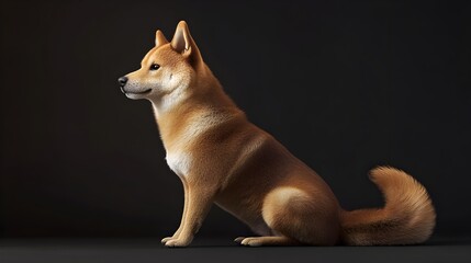 A Shikoku dog sitting gracefully on a , showcasing its distinctive curled tail and alert expression