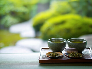Traditional Japanese tea set with green tea in a serene, A traditional Japanese tea set with steaming green tea in ceramic cups on a wooden tray, set against a serene and lush green garden background