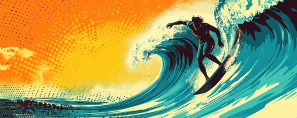 Dynamic comic-style surfing scene capturing the thrill of riding the waves in vibrant hues of blue and orange