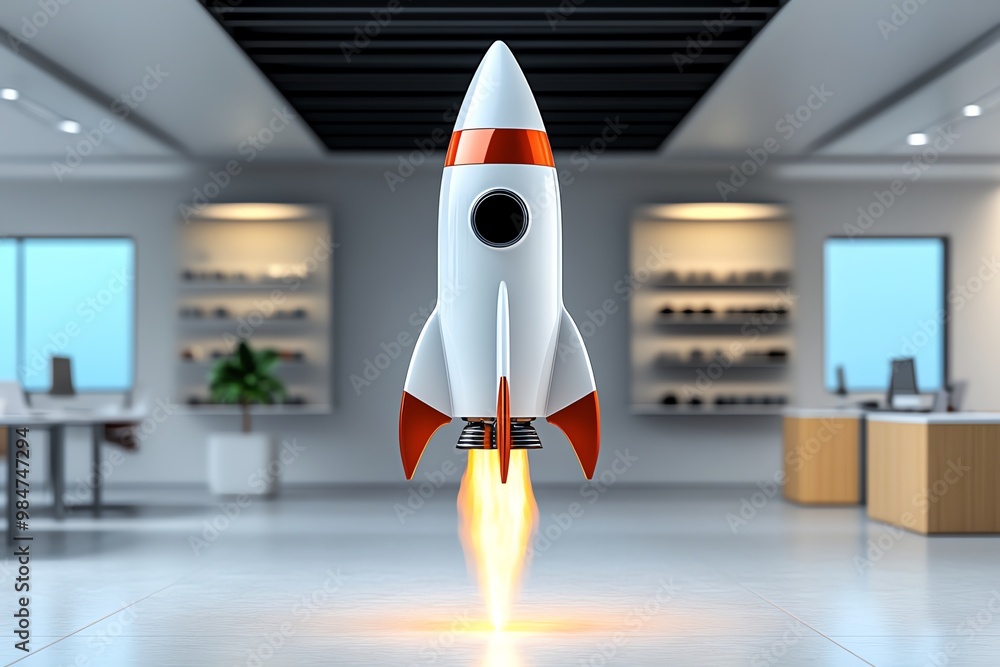 Poster Abstract futuristic rocket, launching upward from a clean, modern workspace in an accelerator program