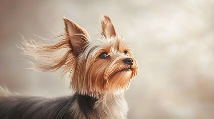 Naklejka premium A close-up portrait of a Silky Terrier with its characteristic long hair flowing, set against a soft, light-hued backdrop