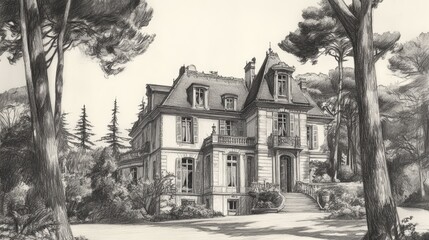 Obraz premium A detailed pencil drawing of a large, traditional home with a slate roof, surrounded by trees and a paved driveway.