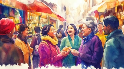 Group of happy people engaging in conversation at a vibrant market.