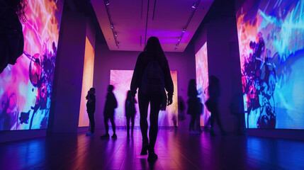 A large-scale interactive art installation with motion-activated lighting, changing colors and intensity as viewers walk through the space, enhancing the immersive experience