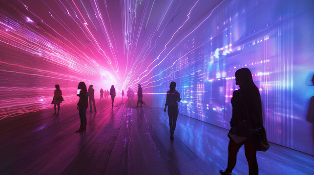 A large-scale interactive art installation with motion-activated lighting, changing colors and intensity as viewers walk through the space, enhancing the immersive experience