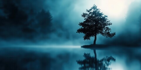 Fototapeta premium Mysterious silhouette of a tree reflected in calm water with fog and soft blue light.