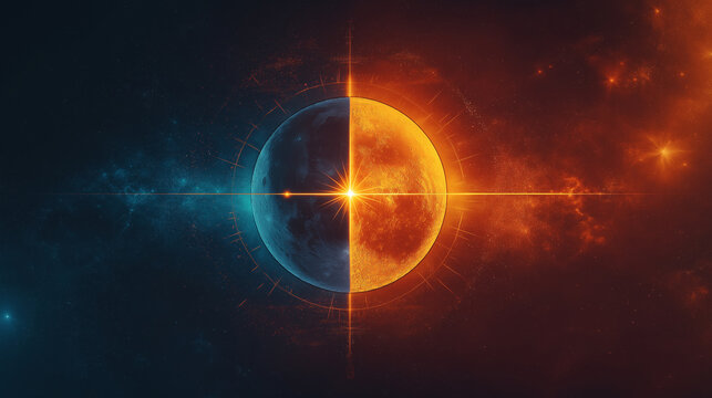 Celestial Balance, featuring an abstract sun and moon on opposite ends of the poster, connected by a glowing equinox line, with copy space, The September Equinox