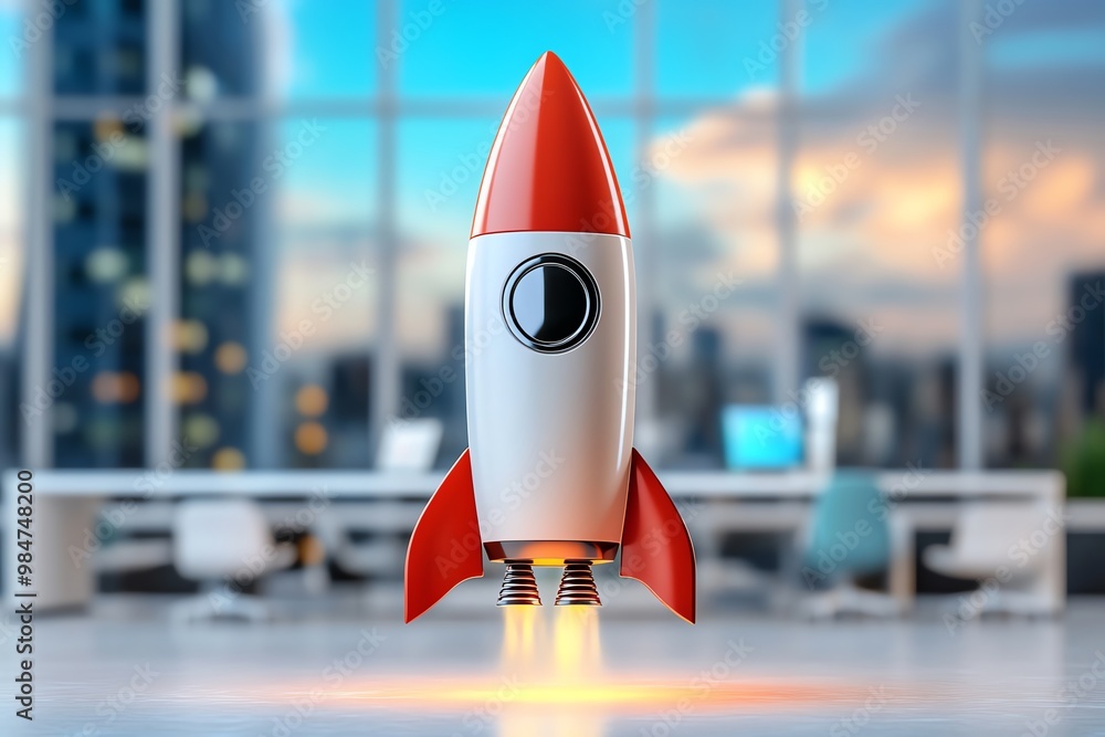 Poster Abstract futuristic rocket, launching upward from a clean, modern workspace in an accelerator program