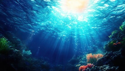 Underwater scene with sunlight filtering through crystal-clear water and vibrant corals.