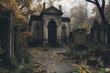 Ornate Stone Mausoleum in an Overgrown Cemetery