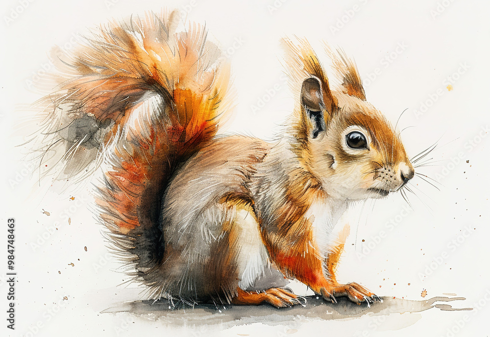 Wall mural watercolor forest squirrel with fluffy tail on white background