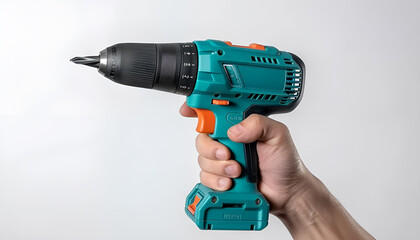 Man holding modern electric power drill on white background, closeup