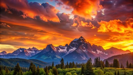 Obraz premium Vibrant sunset casting a warm glow over the majestic mountains , sunset, mountains, colors, sky, dusk, landscape, nature
