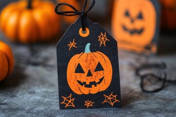 Halloween gift tag mockup featuring a spooky pumpkin illustration with cobwebs on a dark background, perfect for festive decoration ideas