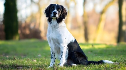 A Stabyhoun dog sitting gracefully on a , showcasing its sleek coat and alert expression