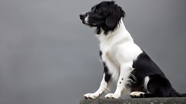 A Stabyhoun dog sitting gracefully on a , showcasing its sleek coat and alert expression
