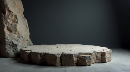 A circular, rugged stone platform stands in a dimly lit minimalist space, bordered by a natural rock wall, evoking timeless simplicity and strength.