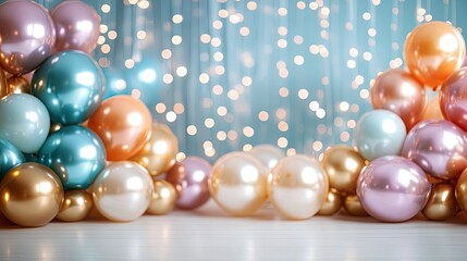 Metallic balloons, christmas or other events, confetti and ribbons. Birthday party, anniversary, new year.