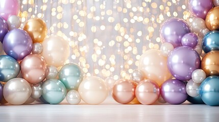 Holiday background with metallic balloons, christmas or other events, confetti and ribbons. Birthday party, anniversary, new year.