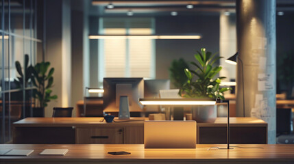 An energy-efficient workspace with motion-sensor lighting that automatically dims when not in use, reducing power consumption while maintaining functionality