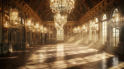 An elegant ballroom in a historical mansion, illuminated by crystal chandeliers, with the light reflecting off polished wood floors and gilded mirrors