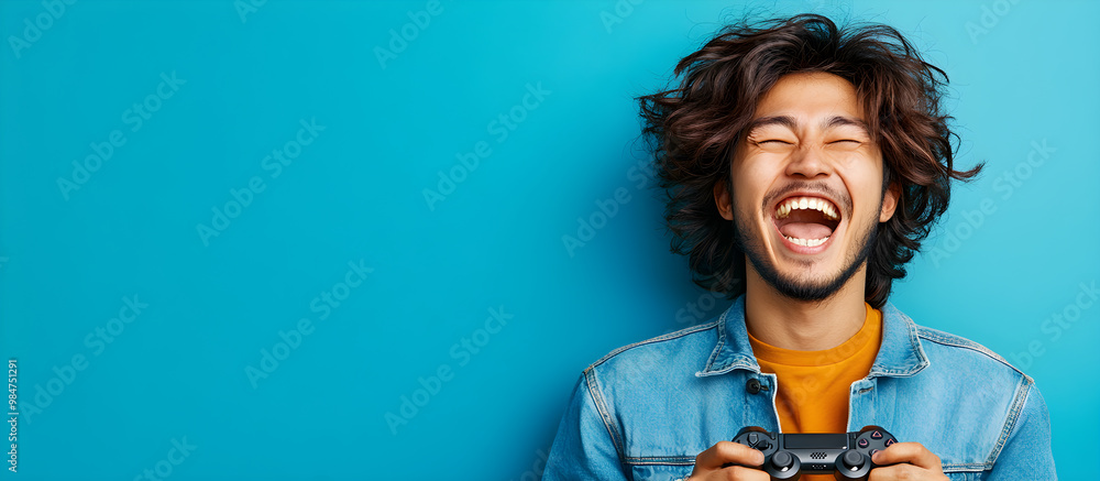 Poster a man is holding a video game controller and smiling
