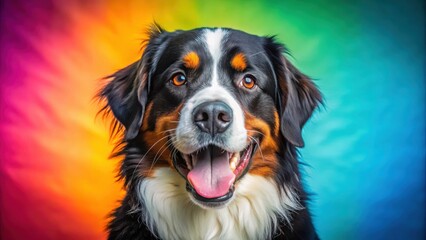Funny Bernese Mountain Dog making a silly face on a vibrant color background