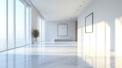 A modern, minimalist interior with floor-to-ceiling windows, large marble tiles, a potted tree, and framed art, ideal for showcasing architectural designs, interior decor, or real estate properties,