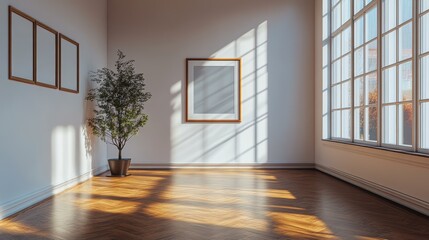 Obraz premium Bright, minimalist room with large windows casting light on a wooden floor, featuring framed artwork on the walls and a potted plant, ideal for interior design inspirations or real estate listings,