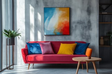 This modern living room features a vibrant multicolored sofa against chic concrete walls, complemented by lush greenery, creating an ideal minimalist space for relaxation and comfort