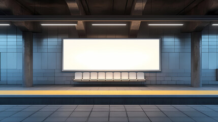 Blank white billboard on platform of railway station. mock up. Subway Station. Illustration