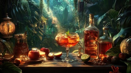 Tropical Cocktail with Lush Greenery