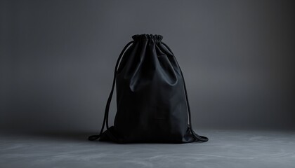 Naklejka premium a black drawsack bag on a grey background, bag, black gradient background, fluid bag,eco reusable grocery accessories, bag, black created with generative ai