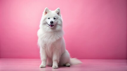 Adorable Samoyed dog sitting on pink background