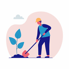Fototapeta premium Man in helmet planting a young tree with shovel in vibrant landscape for eco-friendly actions 