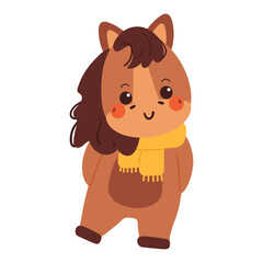 hand drawing cartoon horse wearing yellow scarf. cute animal drawing, doodle