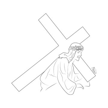 recommend clip art: Jesus carries the cross. Final torment of Jesus Christ before his crucifixion. Jesus, wounded and exhausted, carries a heavy wooden cross.