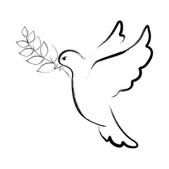 Dove peace. Symbol hope and striving for harmony. White dove holding an olive branch in its beak. New beginning and improvement of life. Bird of happiness.