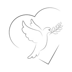 Fototapeta premium Dove peace. Symbol hope and striving for harmony. White dove holding an olive branch in its beak. New beginning and improvement of life. Bird of happiness.