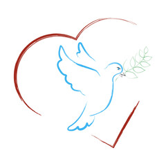 Dove peace. Symbol hope and striving for harmony. White dove holding an olive branch in its beak. New beginning and improvement of life. Bird of happiness.