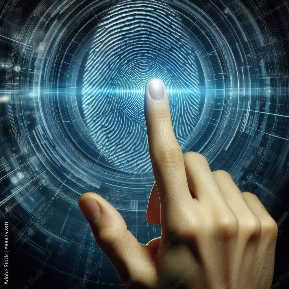 Poster a close-up image of a finger pressing on a futuristic fingerprint scanner, symbolizing biometric sec