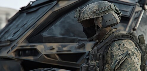 Fototapeta premium A soldier in camouflage uniform standing beside a heavily armored military vehicle, ready for deployment.