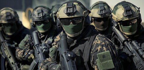 Obraz premium A squad of military soldiers wearing full tactical gear and holding weapons, prepared for combat